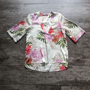 ZARA Basic Botanical Floral Kimono Satin Hi Lo Blouse